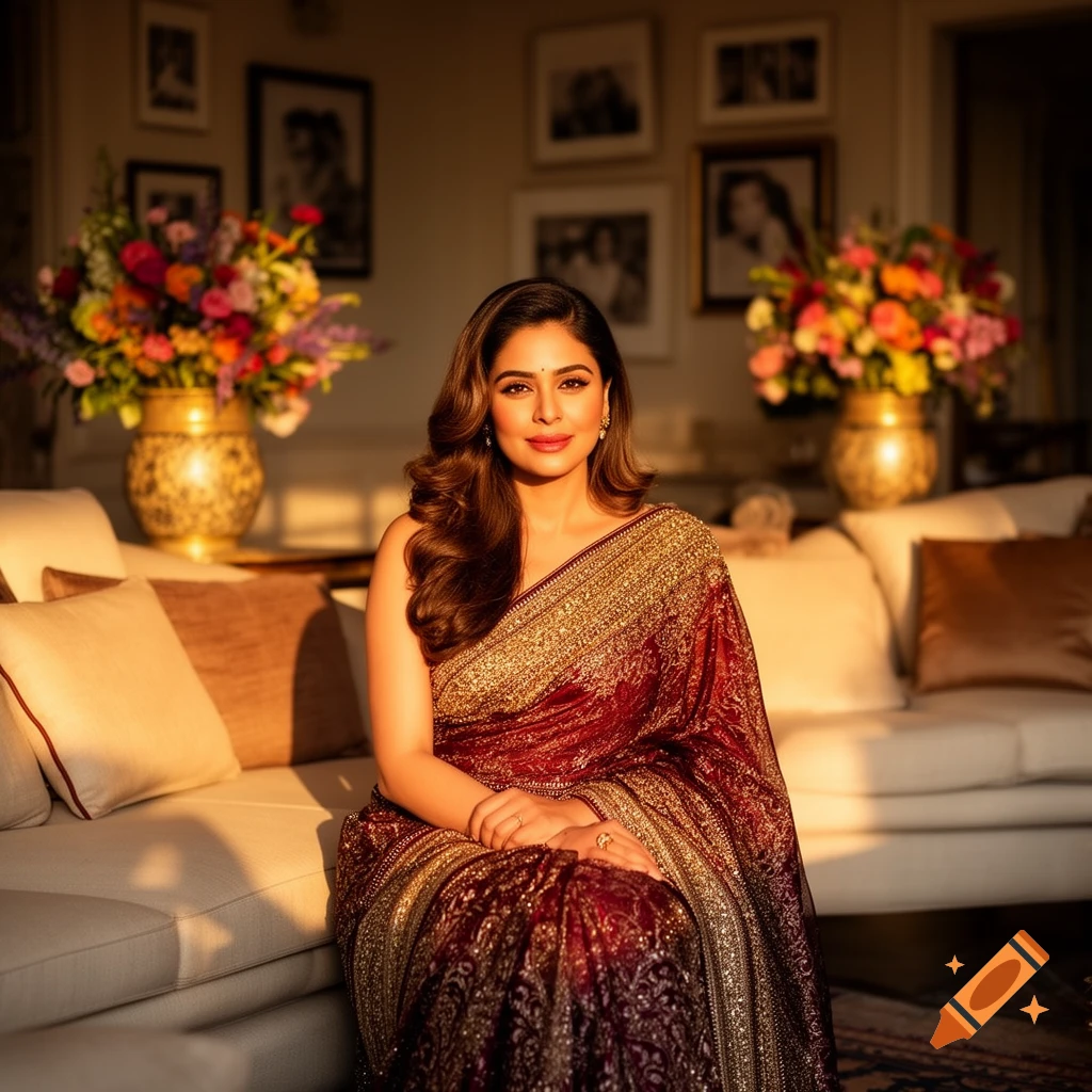A woman with long wavy hair, wearing a richly embroidered dark red and gold saree, sits gracefully on a cream couch in a sunlit room with flowers.