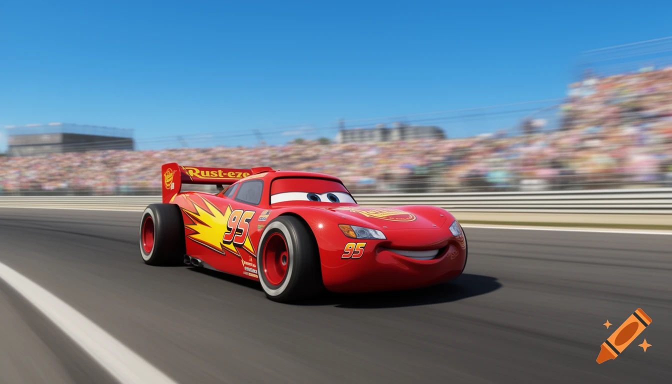 Lightning McQueen, a red race car with the number 95 and "Rust-eze" logo, speeds on a track with blurred stands.