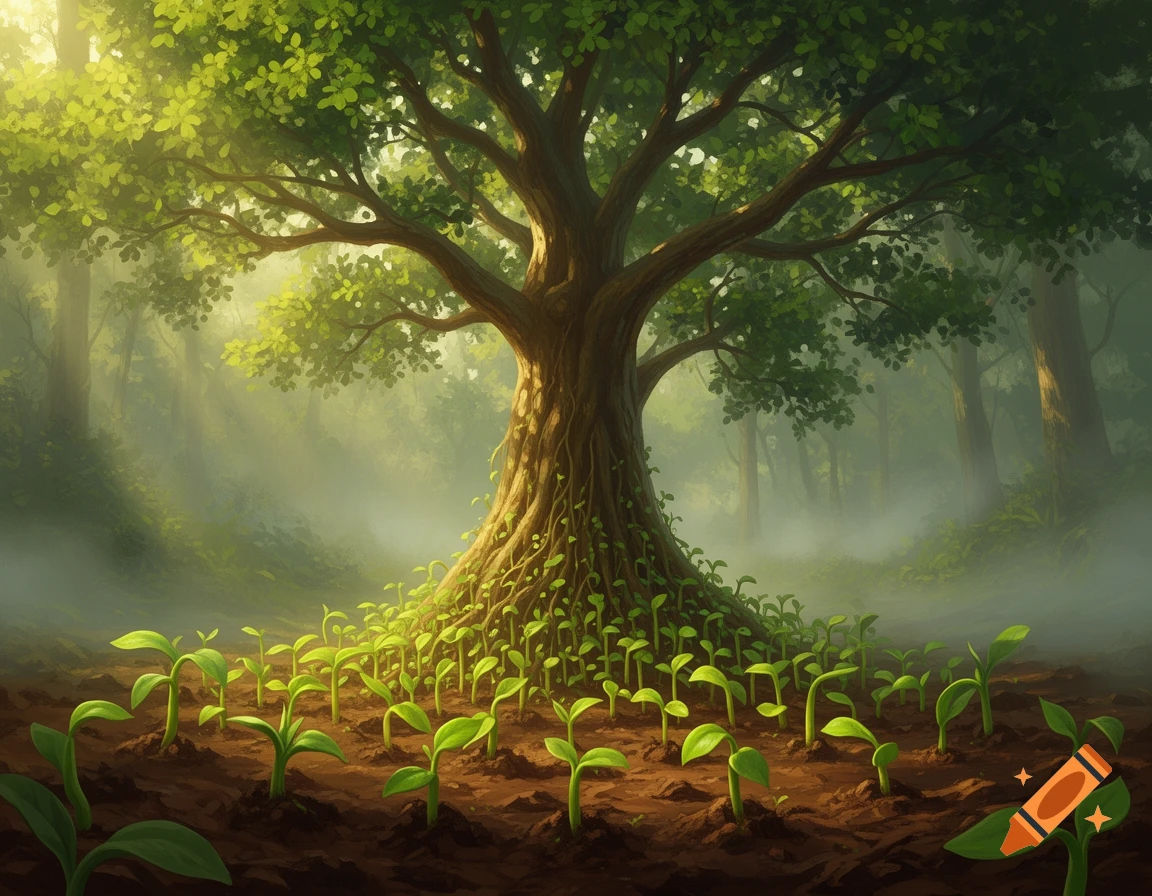 A large, vibrant green tree with numerous small saplings growing around its base in a sun-drenched, misty forest.