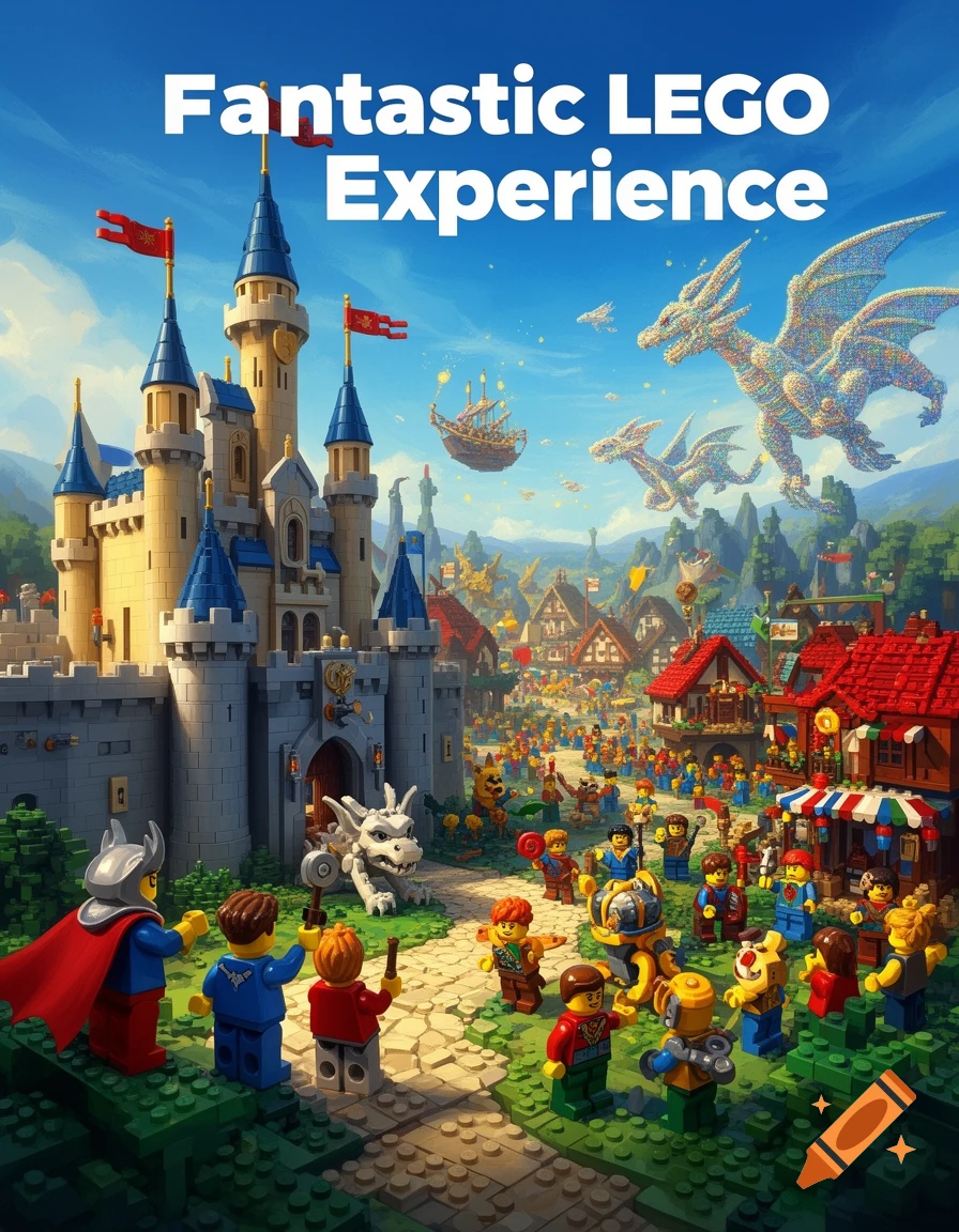 A vibrant Lego castle, a bustling medieval town, and flying dragons under a clear sky, with the text "Fantastic LEGO Experience".