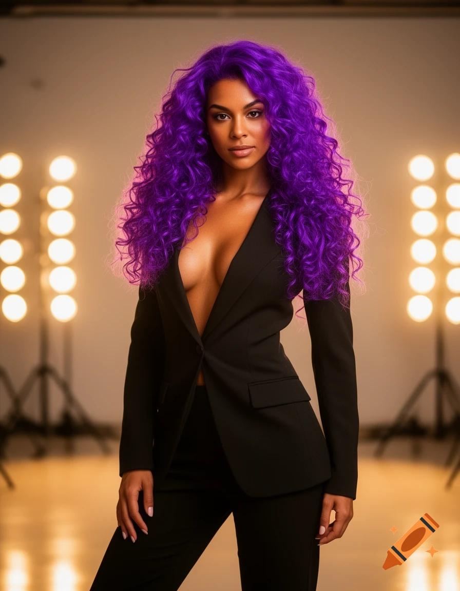 A woman with long, curly purple hair poses in a black blazer and pants against a blurred background with warm studio lights.