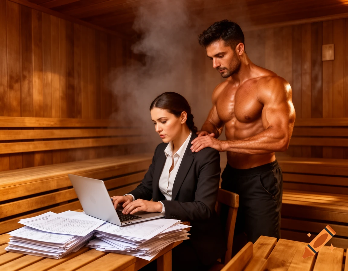 A woman in a business suit works on a laptop at a wooden table in a sauna, while a shirtless, muscular man stands behind her with a hand on her shoulder. Steam fills the air.