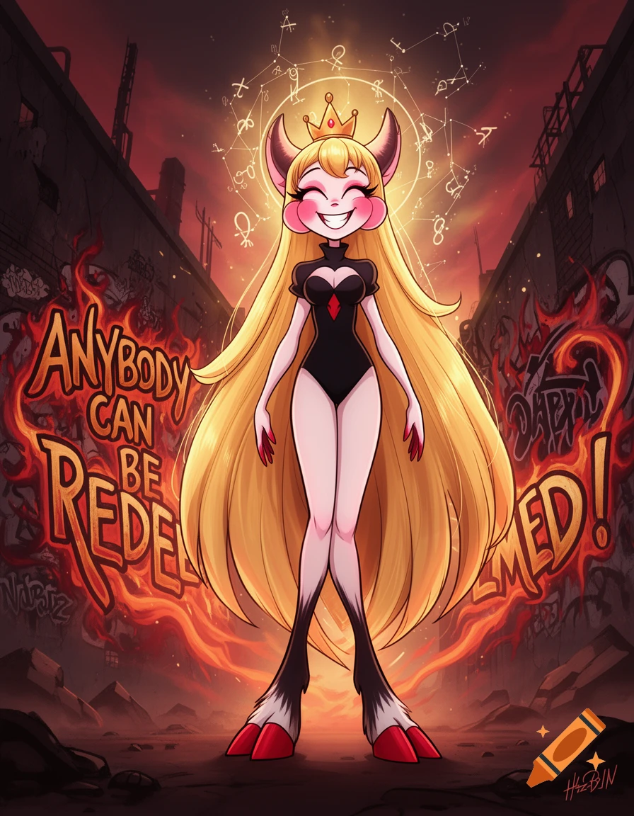 Cartoon of Charlie Morningstar, a smiling demoness with long blonde hair, horns, and hooves, standing in a fiery alley with zodiac symbols. Text reads: ANYBODY CAN BE REDEEMED!