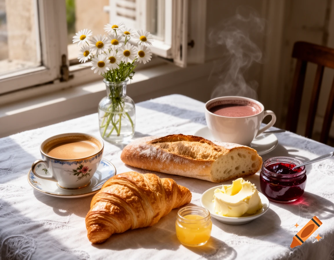 A sunlit table set for a French breakfast with a croissant, baguette, coffee, hot chocolate, jam, butter, honey, and a vase of daisies.