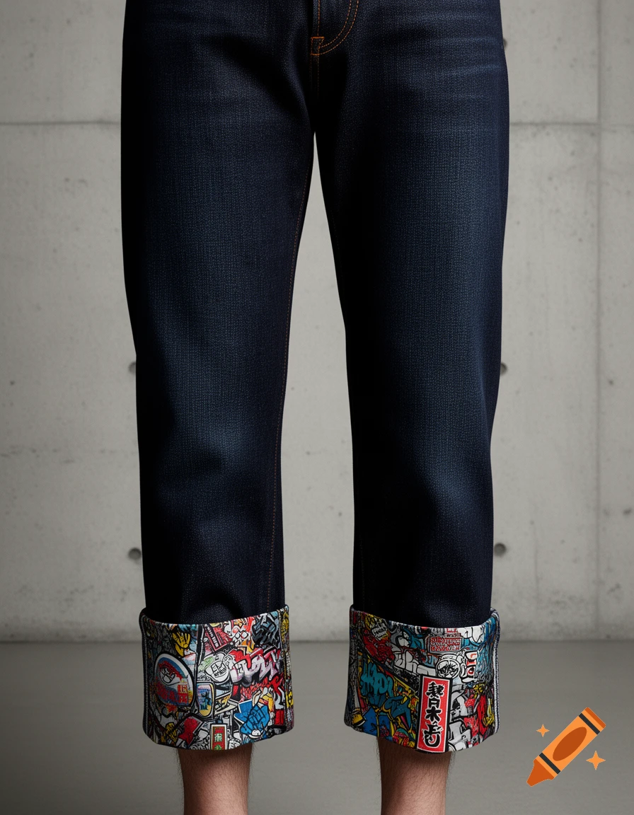 Close-up of a person wearing dark-wash straight-leg jeans with rolled-up cuffs revealing a vibrant, multi-colored Tokyo graffiti art lining.