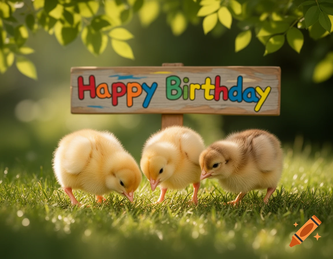 Three fluffy chicks peck at green grass in a sunny outdoor setting, with a colorful "Happy Birthday" sign in the background. Photorealistic style.