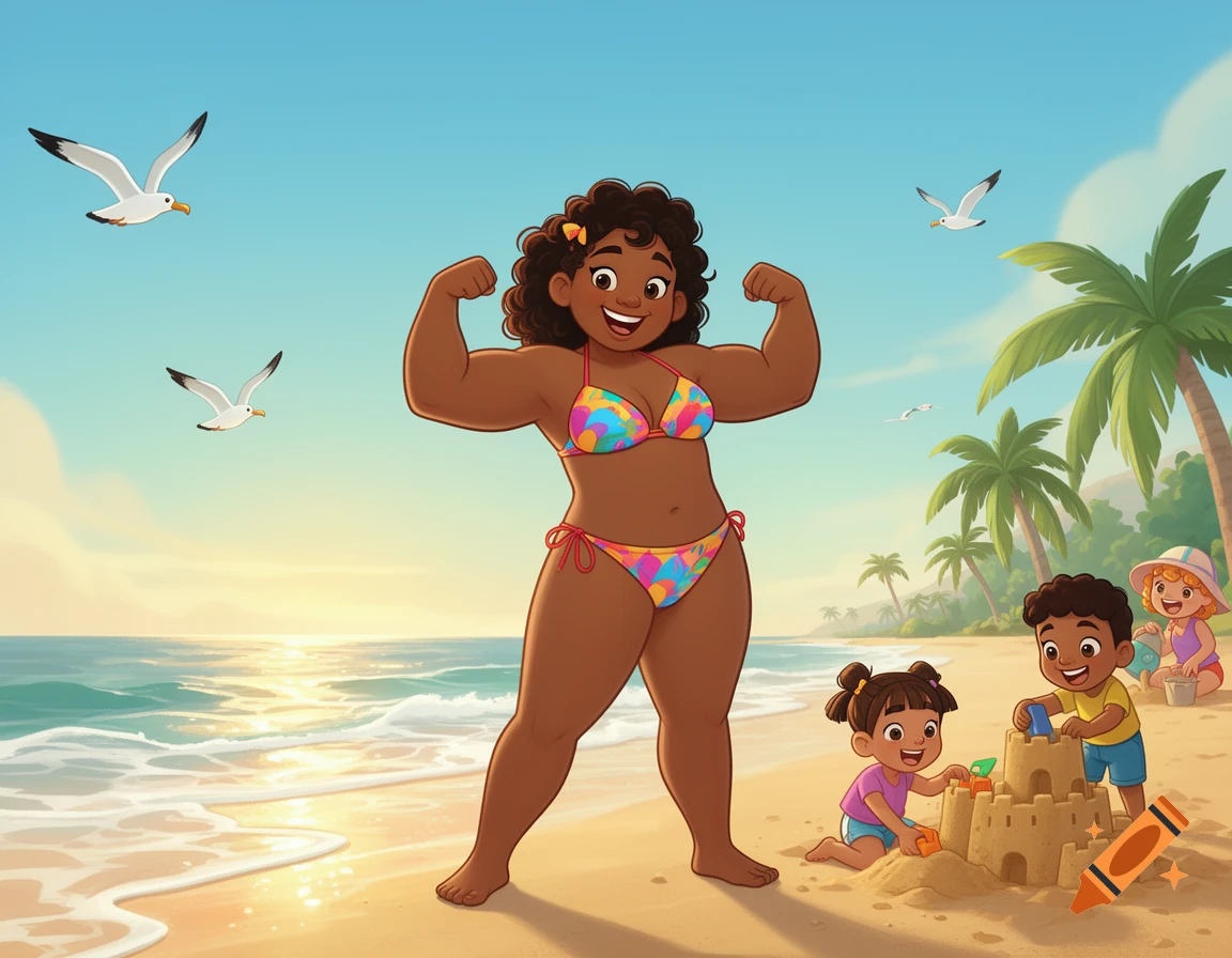 Cartoon of a dark-skinned woman in a colorful bikini flexing on a sunny beach, with children building a sandcastle and palm trees nearby.