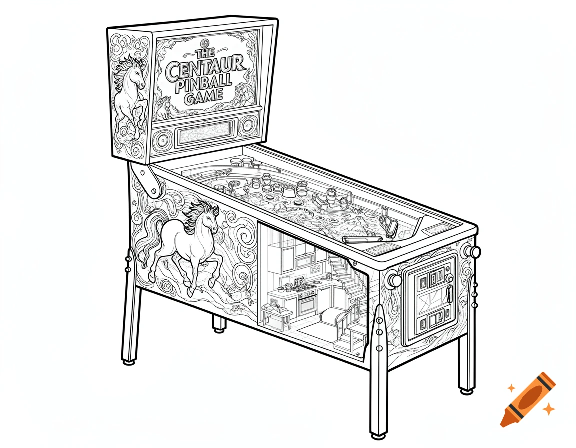 Black and white line art of a Centaur pinball machine with a side cutaway revealing a micro apartment interior.