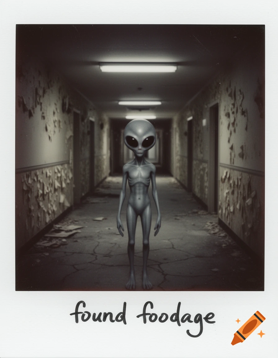 A grey alien stands in a dark, dilapidated hallway, captured in a vintage polaroid with "found footage" text.