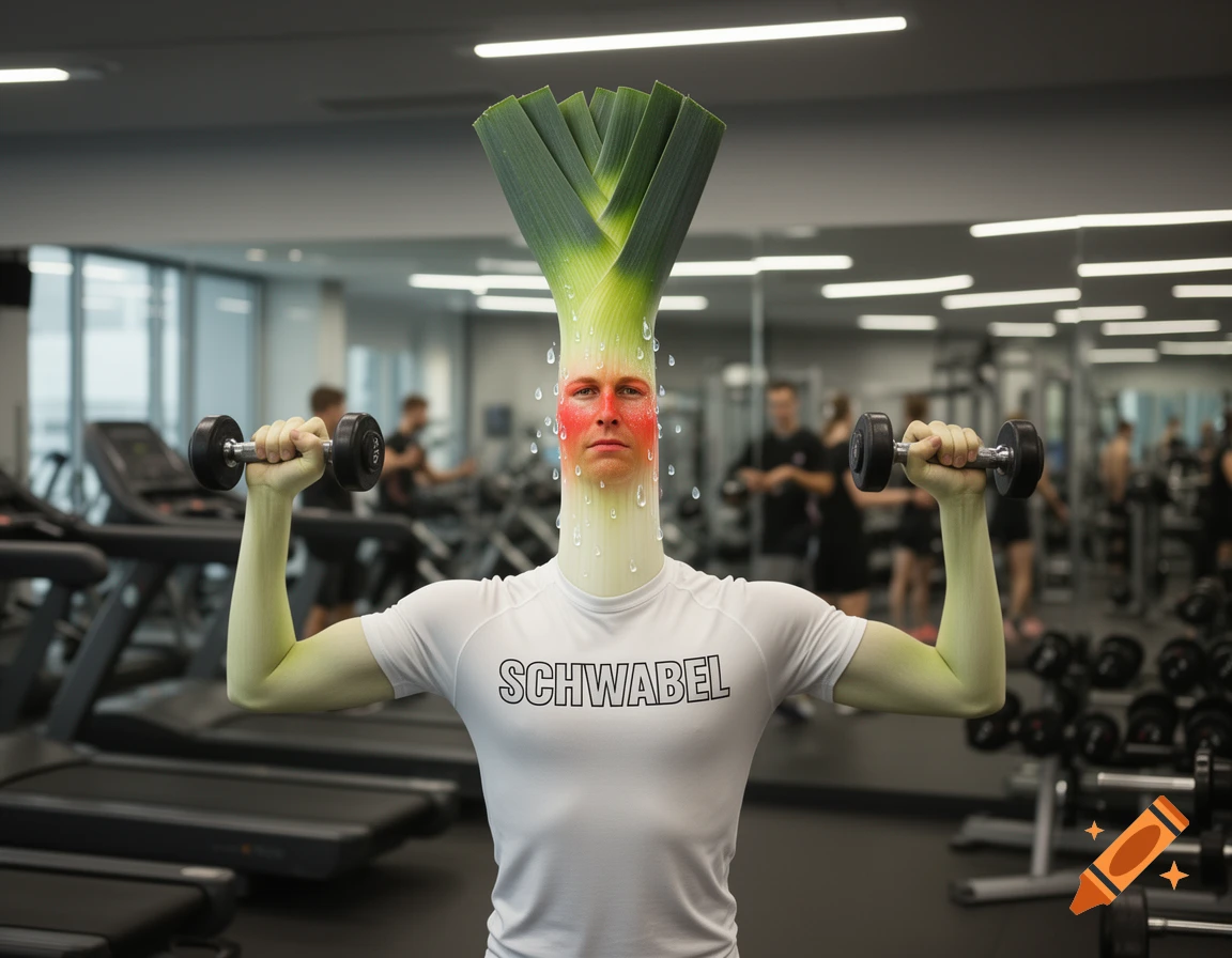 Sweating man with a leek head and green arms lifts dumbbells in a gym. He has a red face and wears a 'SCHWABEL' shirt.