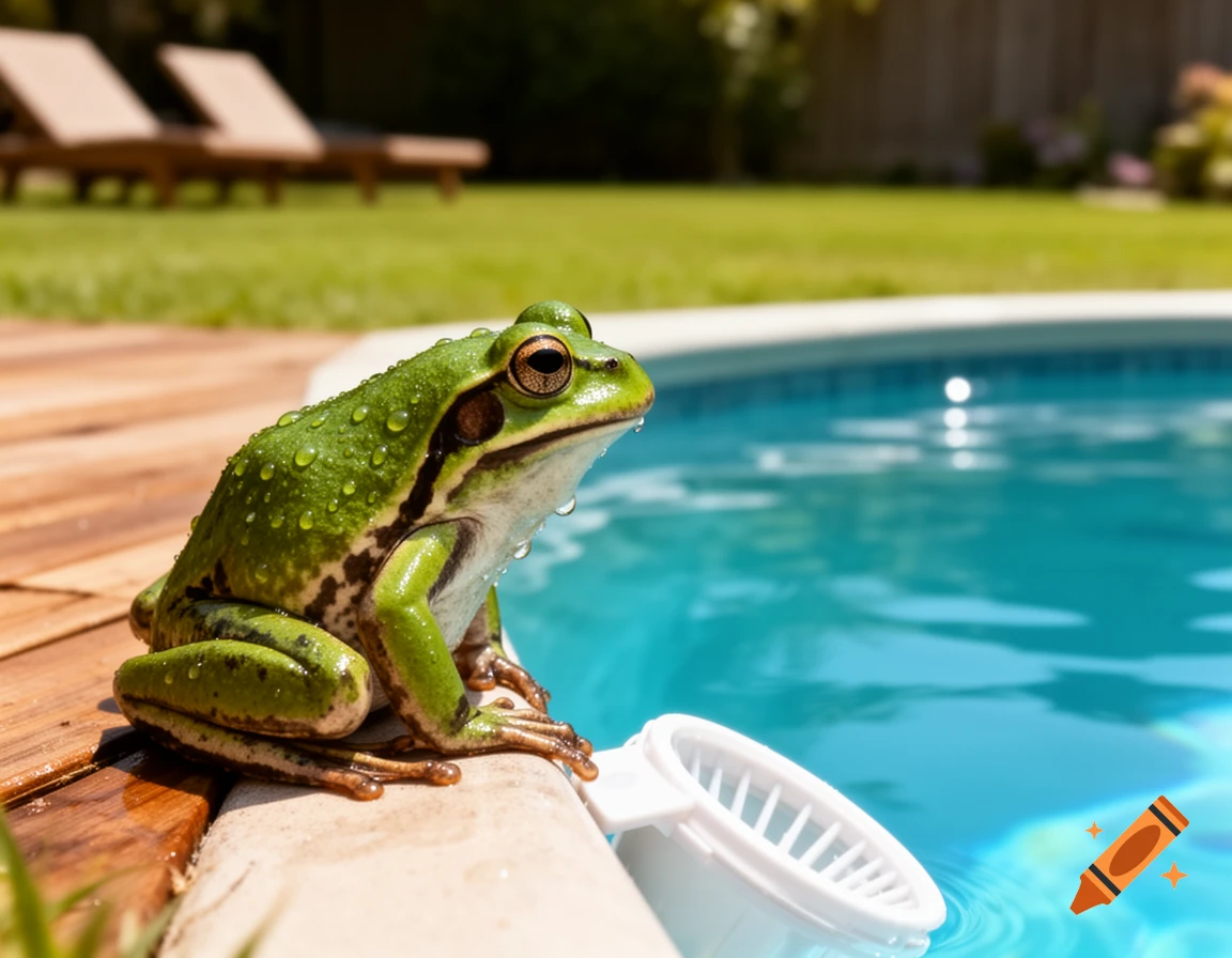A green frog covered in water droplets sits on a swimming pool's edge next to a skimmer basket, with a wooden deck behind it.