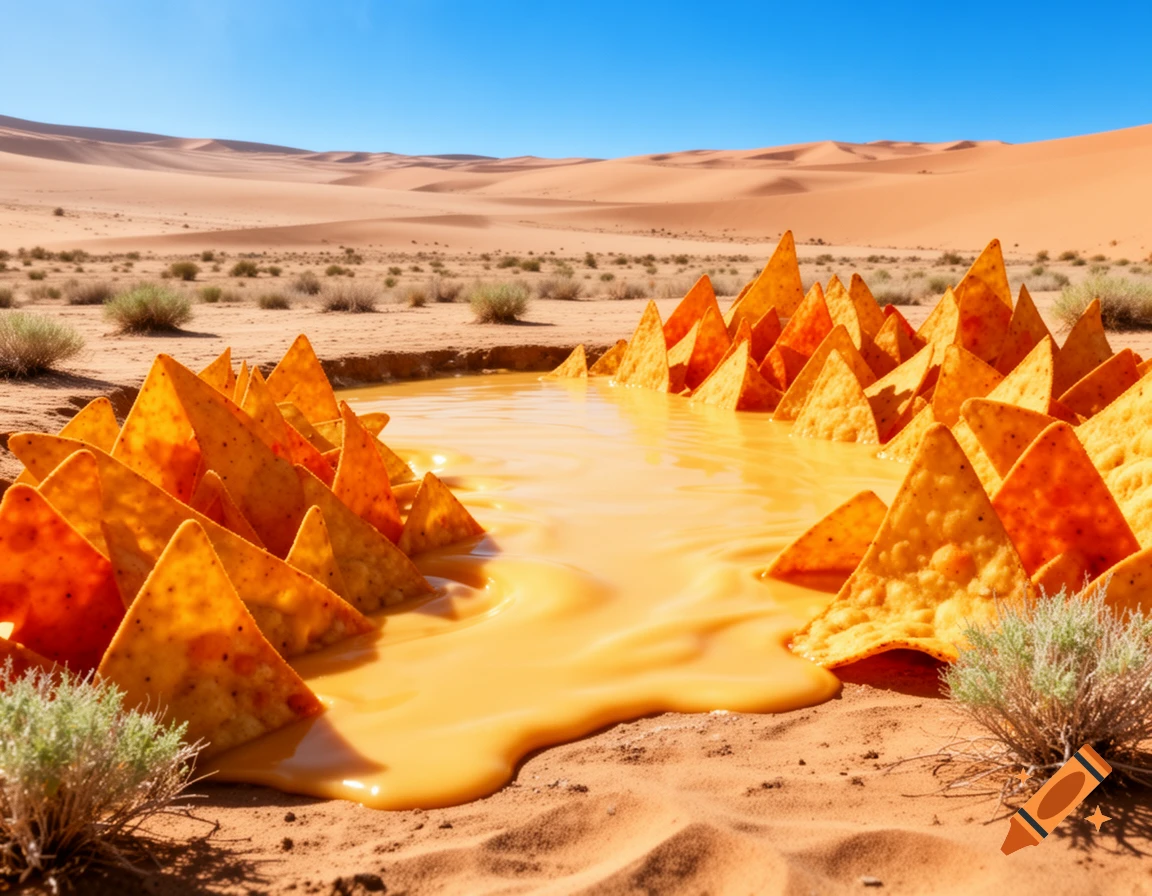 A photorealistic desert landscape features an oasis of yellow nacho cheese bordered by many triangular nacho chips.
