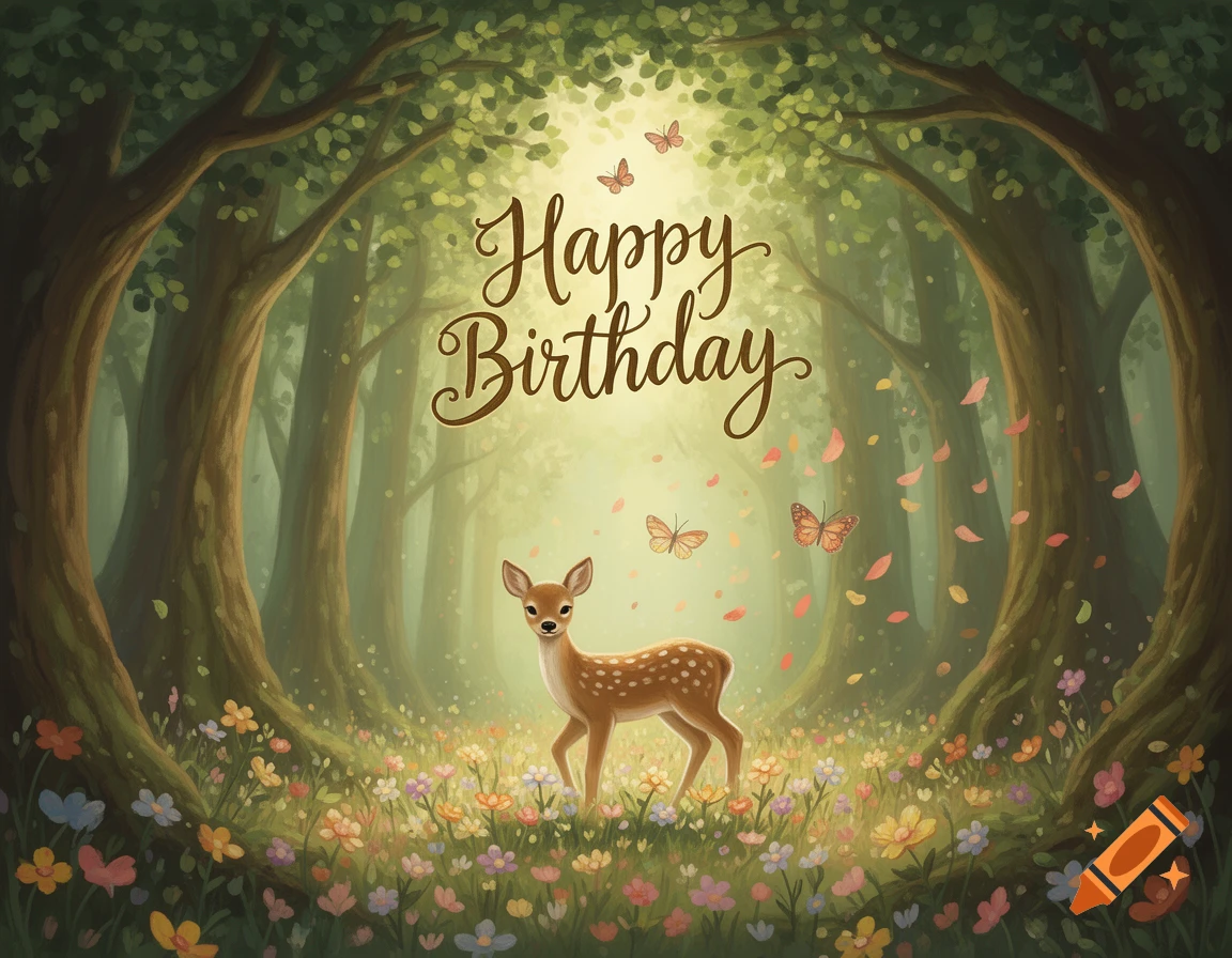 A cute fawn stands in a vibrant forest clearing surrounded by colorful flowers, with "Happy Birthday" text and butterflies floating above, in a whimsical art style.