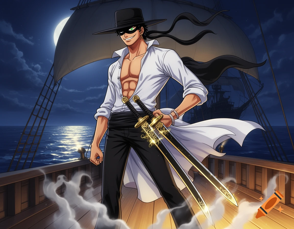 Anime illustration of a masked Zorro-like character in an open white shirt, holding two swords on a pirate ship at night.