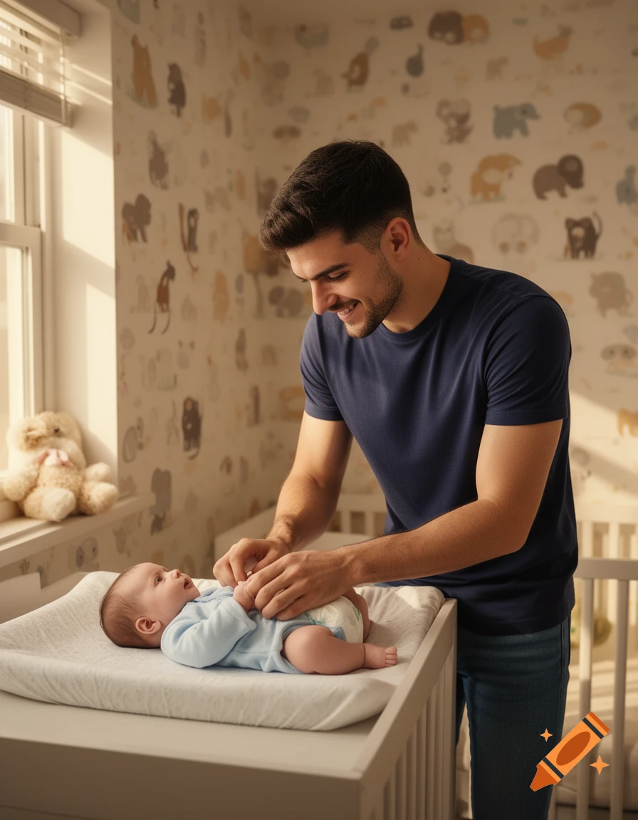 A smiling man changes a baby's diaper on a changing table in a nursery with animal-patterned wallpaper, photorealistic style.