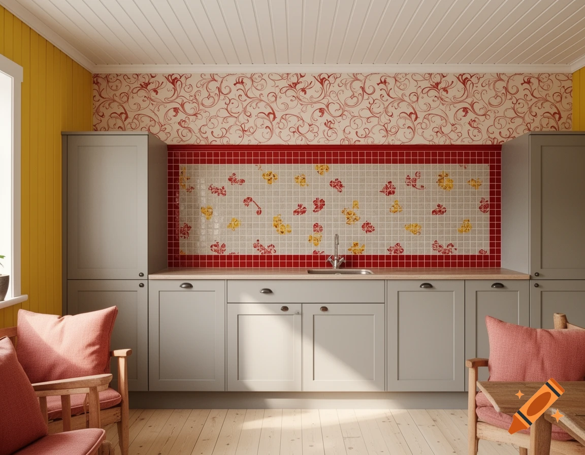 Cozy Scandinavian farmhouse kitchen with grey shaker cabinets, yellow walls, patterned wallpaper, a mosaic backsplash, and wooden chairs with red cushions.