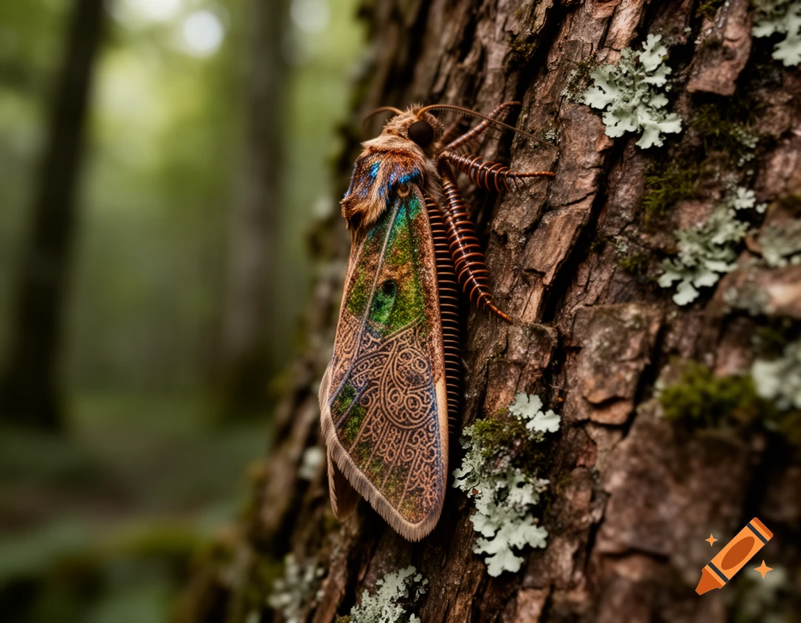 A centipede moth with intricate, vibrant green and blue patterns on its wings rests on a textured tree trunk in a forest.