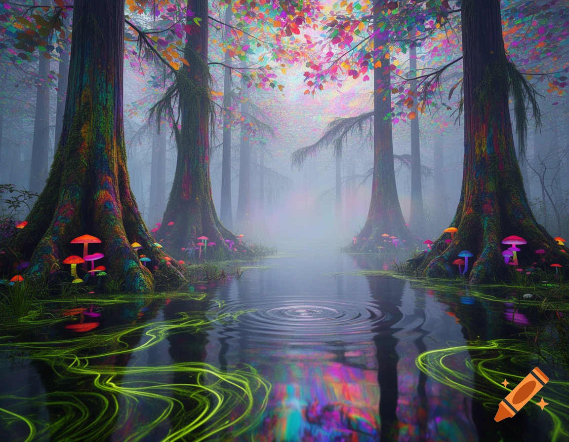 A vibrant, psychedelic forest swamp with glowing multi-colored trees and mushrooms, reflected in still water with neon green wisps.