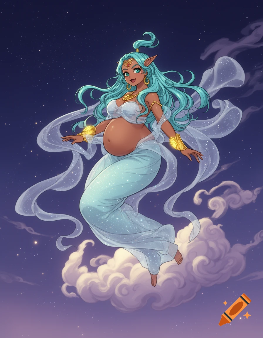 A pregnant anime genie woman with teal hair and brown skin, wearing a sparkling white outfit and golden jewelry, floats in a starry night sky above clouds.
