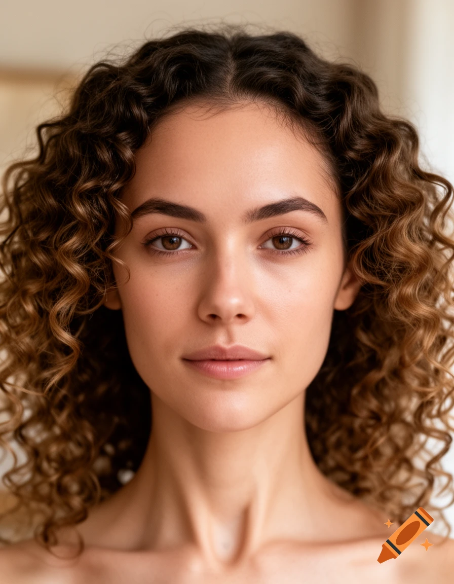 Close-up photorealistic portrait of a young woman with curly brown hair looking directly at the viewer.