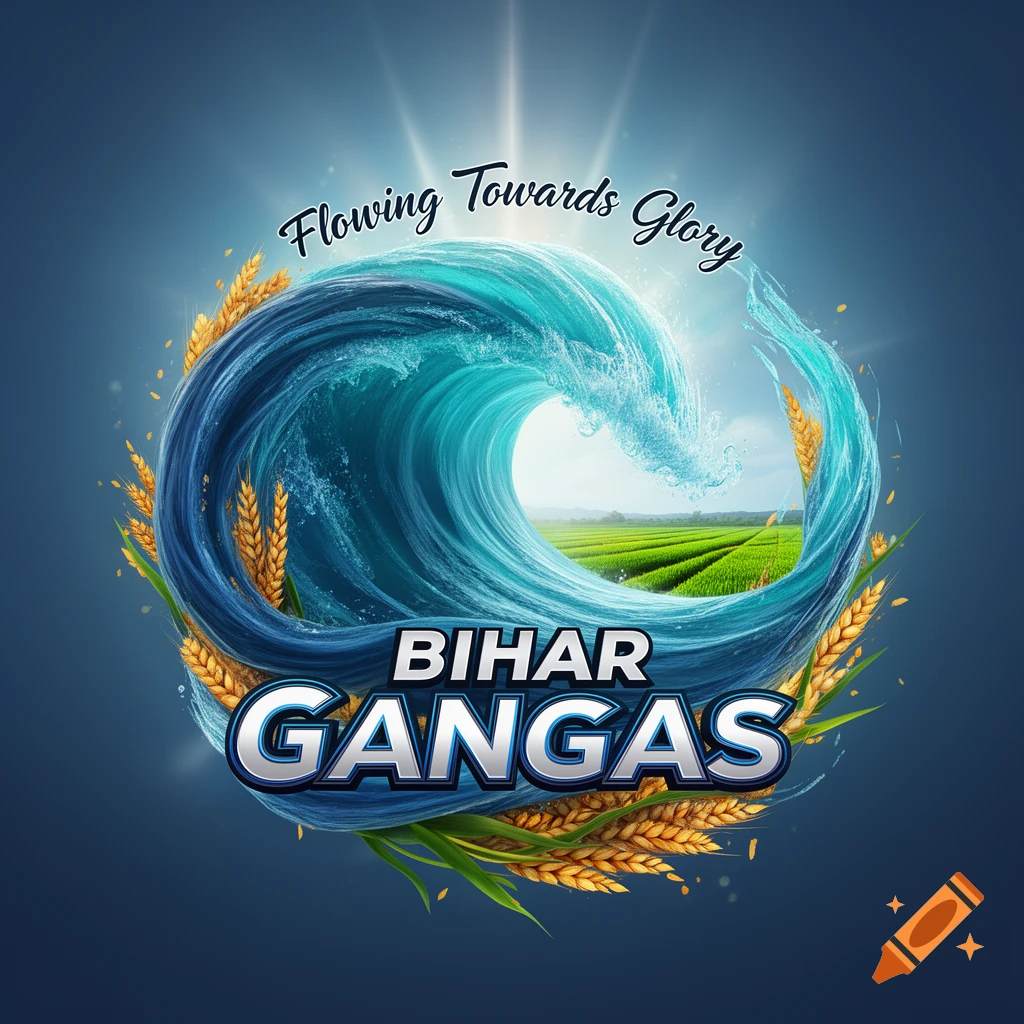 Logo for 'BIHAR GANGAS' with 'Flowing Towards Glory' featuring a blue wave, golden wheat, and green fields.