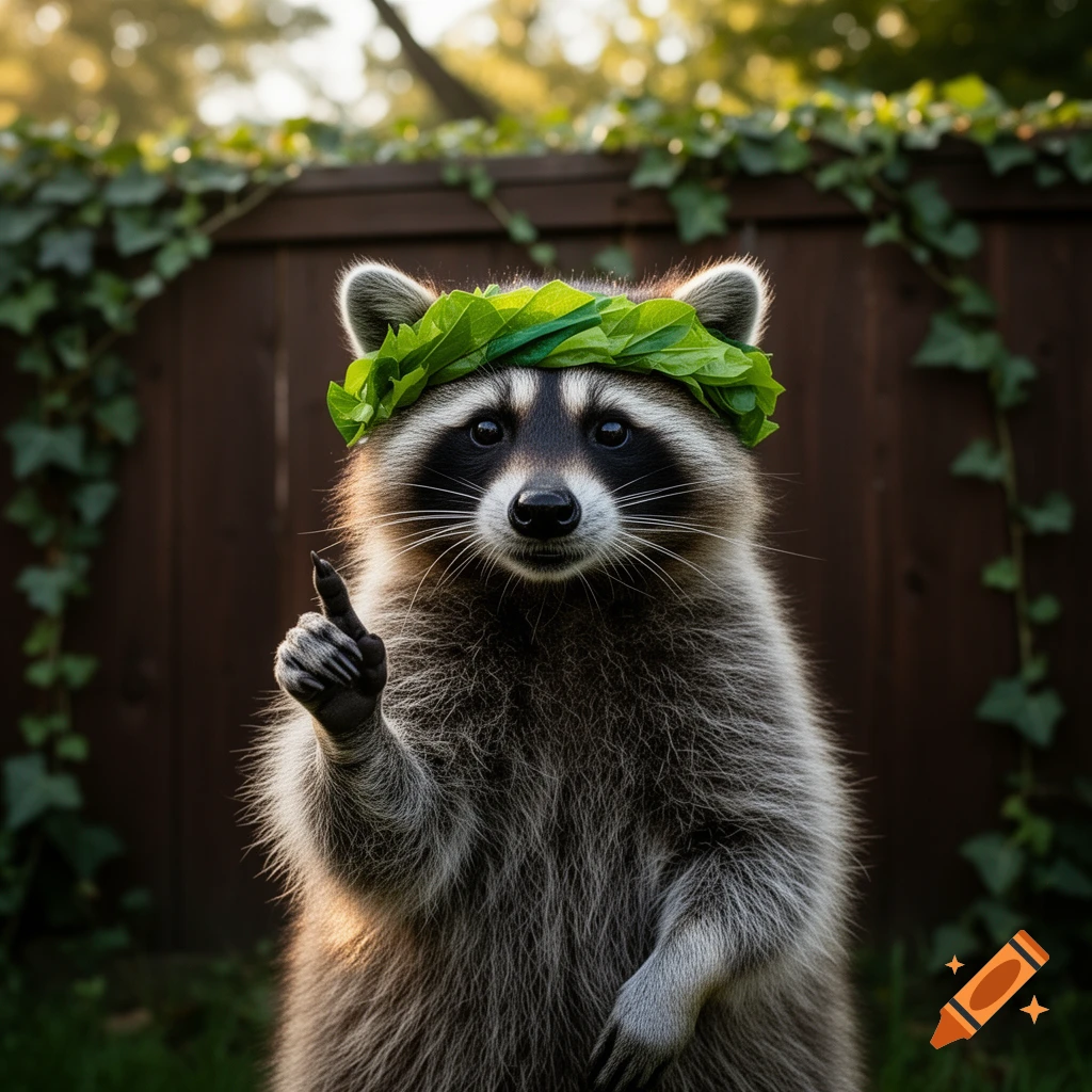A photorealistic raccoon wearing a green leaf wreath stands upright, raising one paw, in a garden with a wooden fence and ivy.