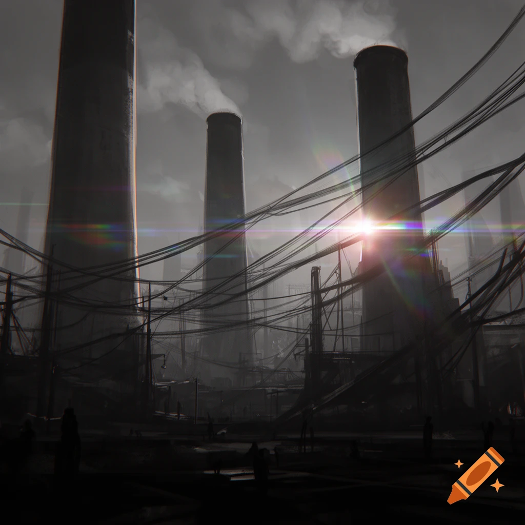 A dark, abstract industrial scene in grayscale, featuring three tall chimneys, dense tangled wires, and a bright sun flare with chromatic aberrations.