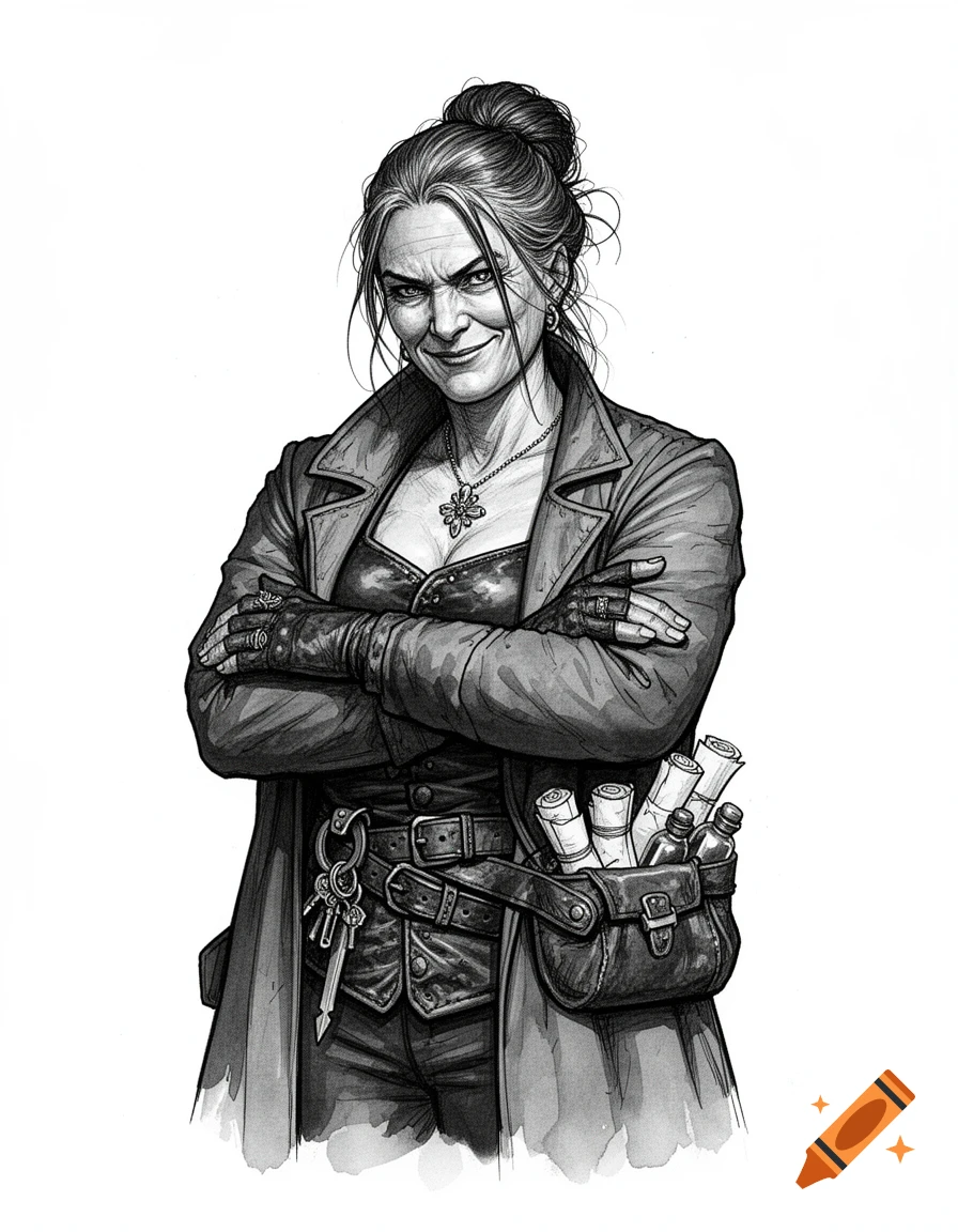 Black and white ink drawing of a confident, smirking older woman in a long coat, leather, with a pouch of scrolls.