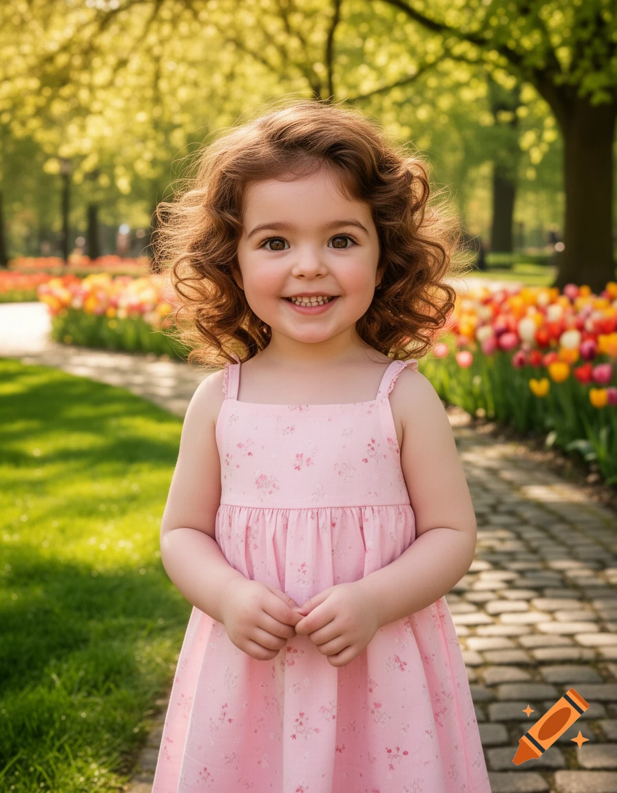 A smiling young girl with curly brown hair in a pink dress stands in a sunny park path lined with colorful tulips.