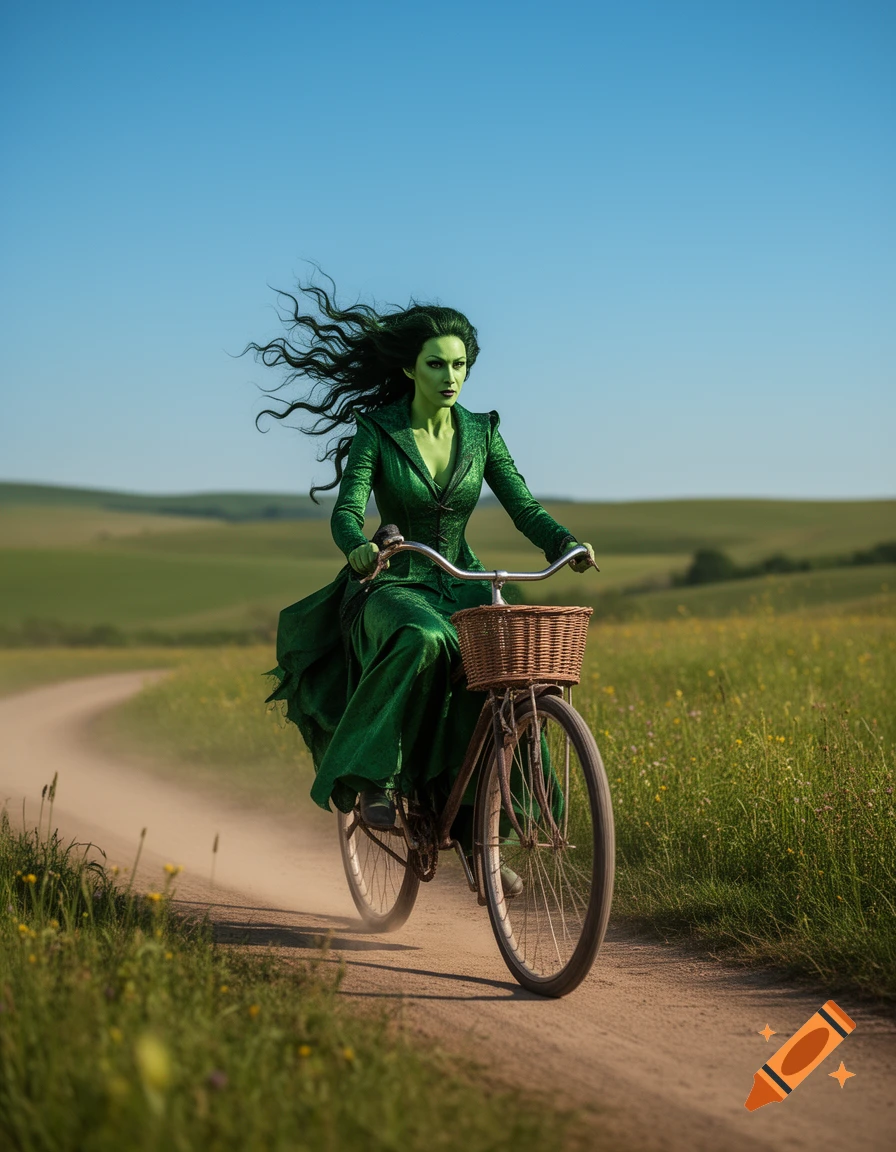 A green-skinned woman with dark flowing hair rides a vintage bicycle down a dusty dirt road through green fields under a clear blue sky.