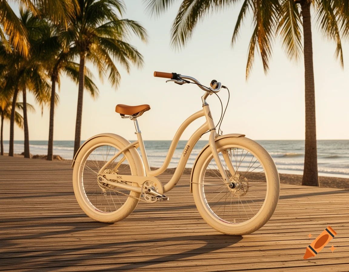 A cream-colored luxury beach cruiser bicycle with a tan leather seat and handlebars, parked on a wooden boardwalk by the ocean, with palm trees and golden sunlight.