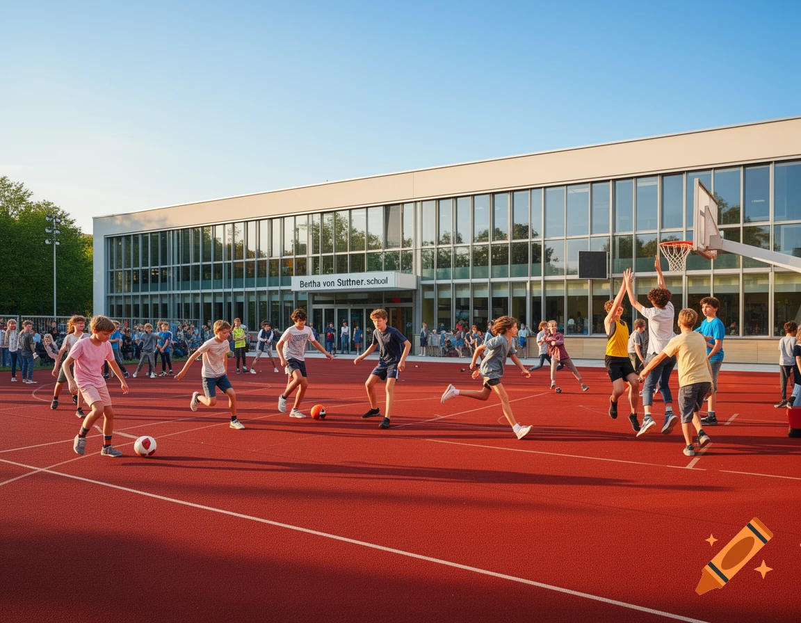 Children play soccer and basketball on a red sports field in front of a modern school building.