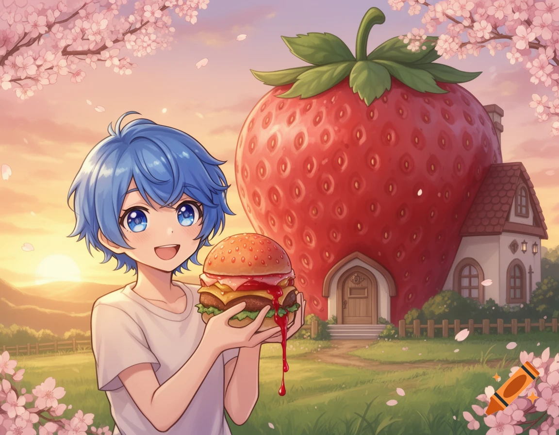 An anime character with blue hair holds a strawberry burger in front of a giant strawberry house under a cherry blossom tree at sunset.