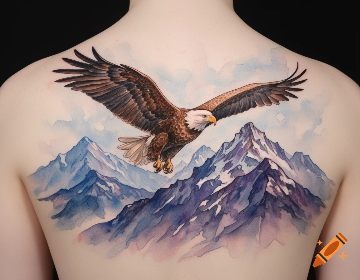 A watercolor tattoo of a bald eagle flying over a blue and purple mountain range, depicted on a person's back.