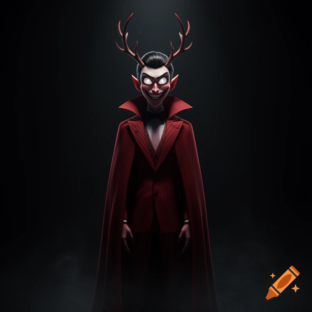 A stylized, creepy Alastor from Hazbin Hotel, with antlers, red suit and cape, wide grin, sharp teeth, and glowing white eyes on dark background.
