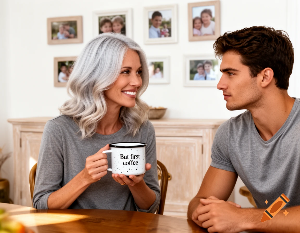 A photorealistic image of a smiling woman with silver hair holding a 'But first coffee' mug, looking at a man across a wooden table.