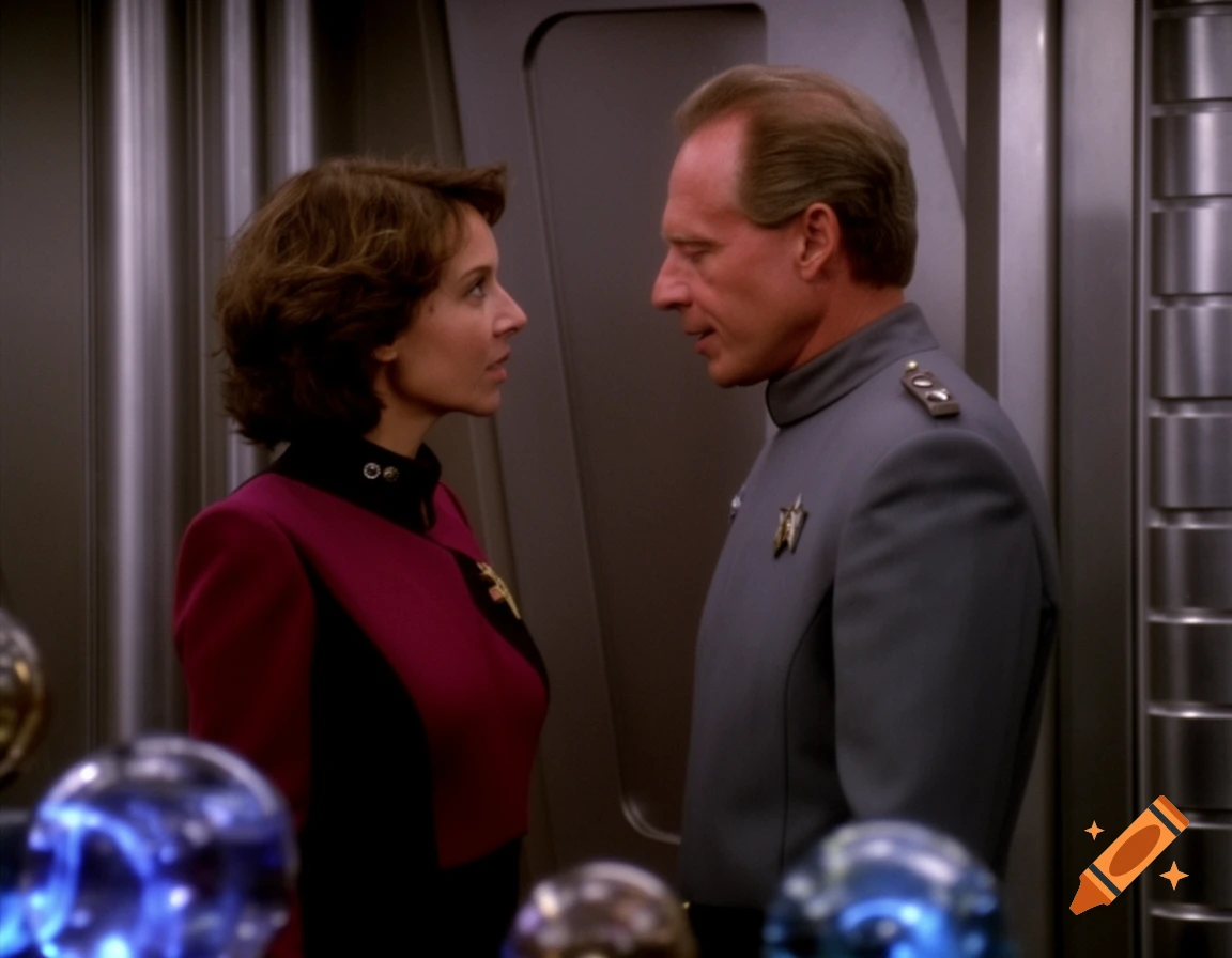 A woman in a magenta and black uniform stands close to a man in a grey uniform, looking at each other in a sci-fi setting.