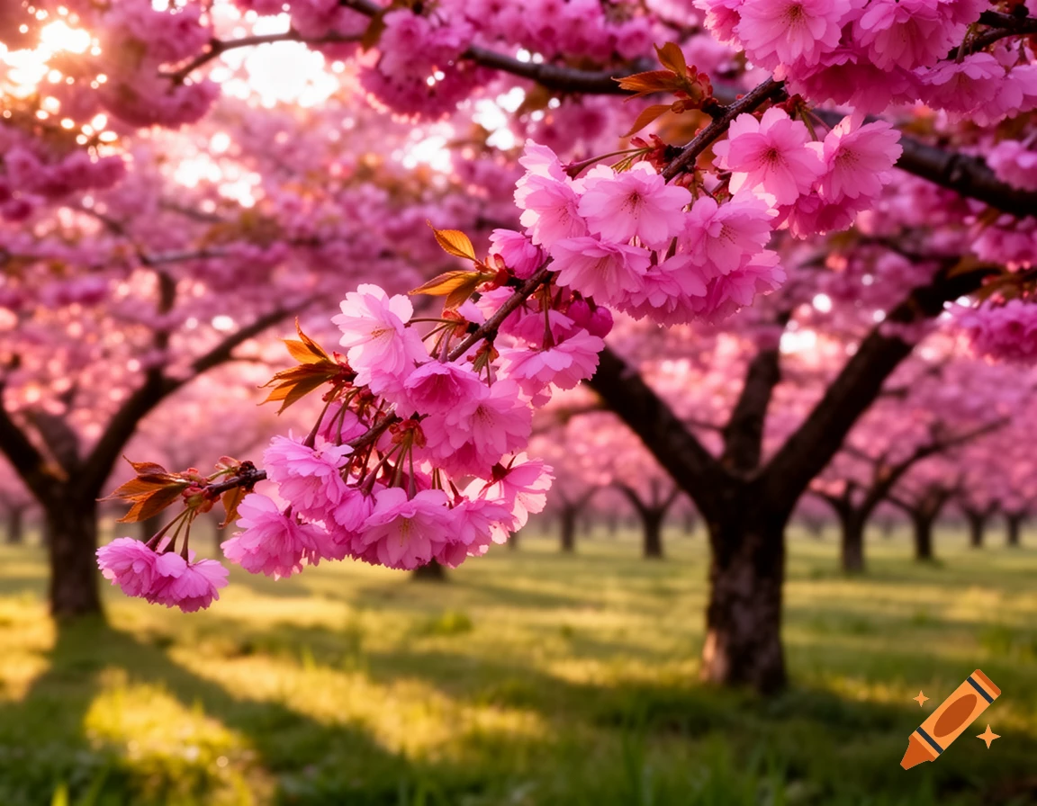 Close-up of vibrant pink cherry blossoms on a branch in a sunny orchard with soft focus trees and green grass.