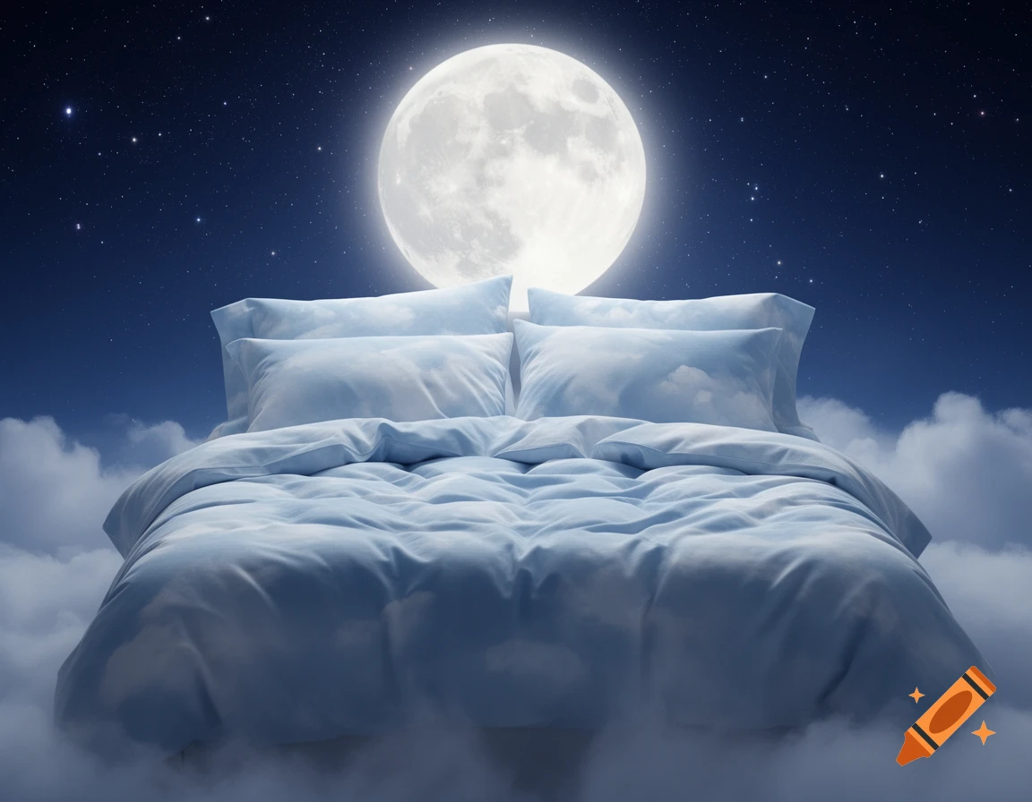 A cozy bed with cloud-patterned linens floating on clouds under a starry night sky with a large full moon, photorealistic.