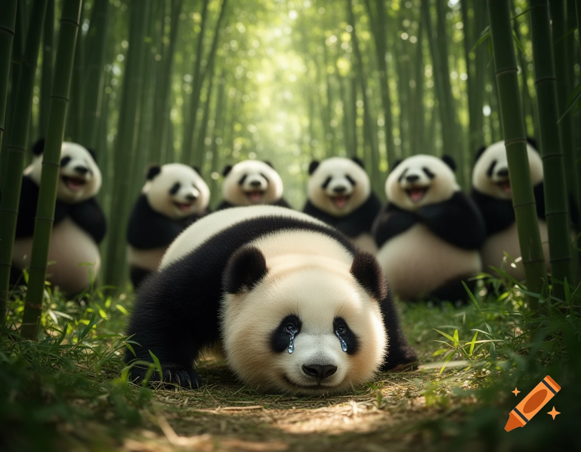 A photorealistic crying panda lies on the ground in a bamboo forest, with laughing pandas in the blurred background.