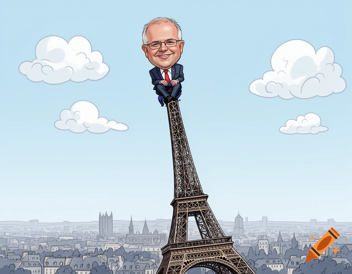 Caricature of Scott Morrison, Australian Prime Minister, smiling atop the Eiffel Tower, with a cityscape below.