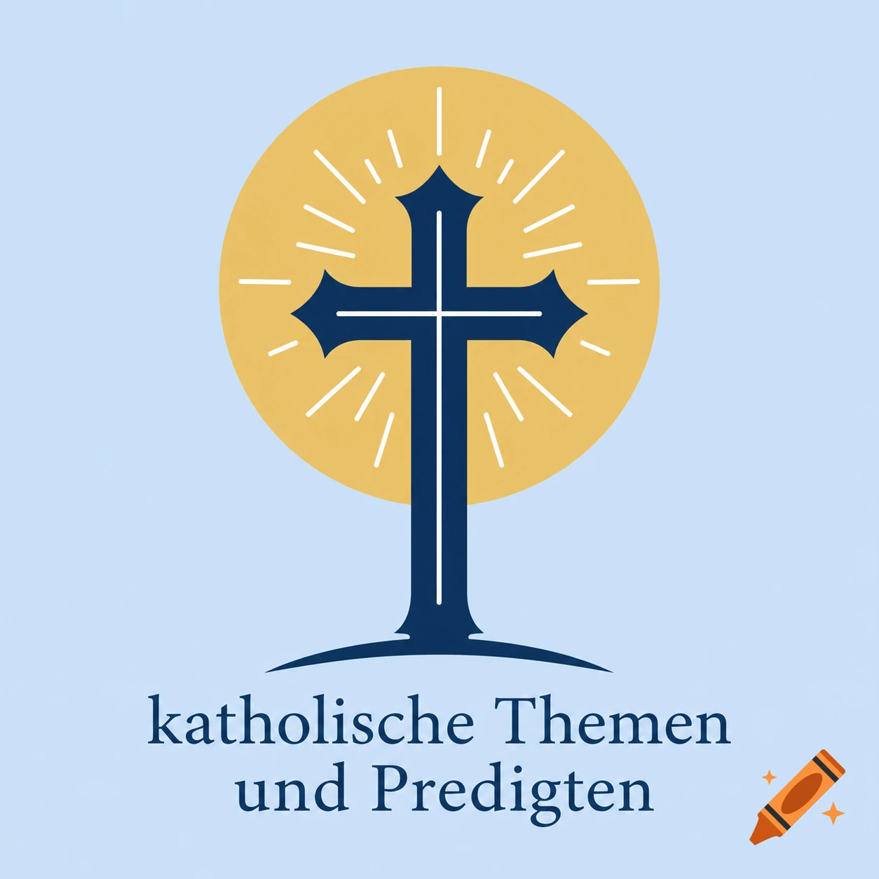 Illustration of a dark blue cross with ornate ends, centered on a golden sunburst, above an abstract base, with German text 'katholische Themen und Predigten' on a light blue background.