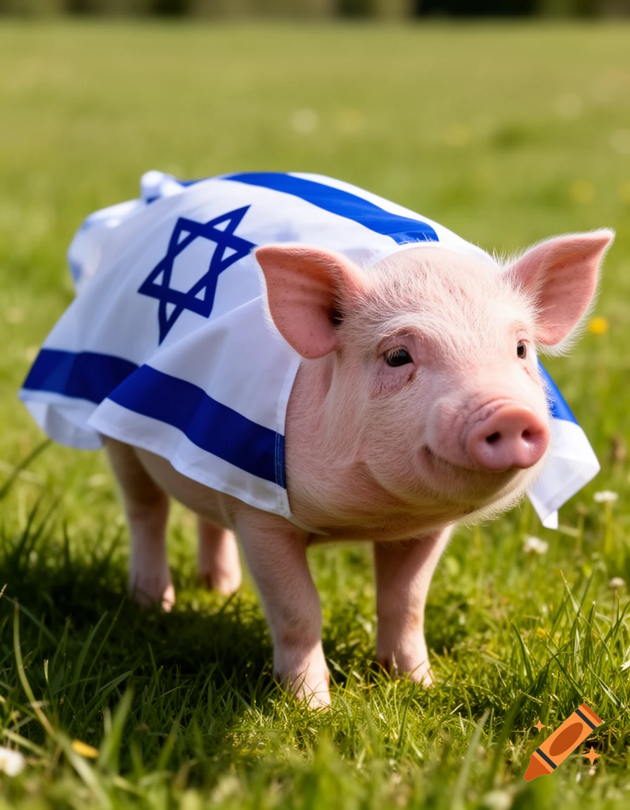 A cute pink piglet wearing a small Israeli flag as a cape, standing in a sunny green field.