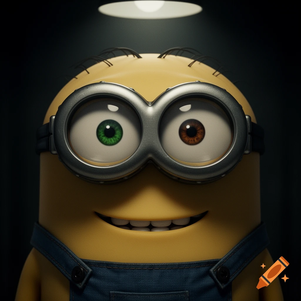Close-up of Minion Bob with green and brown eyes, metal goggles, and a closed-mouth creepy smirk under dark, eerie lighting.