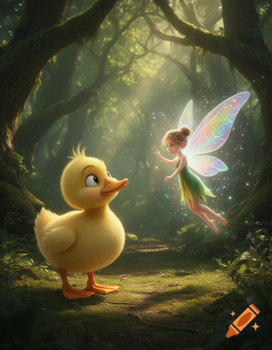 A cute yellow duckling gazes up at a tiny fairy with rainbow wings, floating in a magical, sunlit forest. Whimsical 3D render.