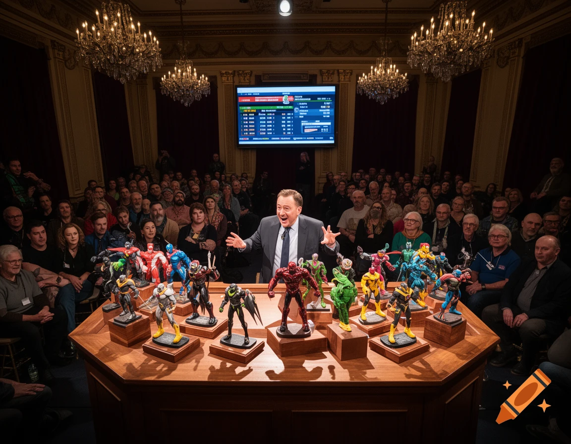 A man in a suit speaks at a live auction, gesturing towards a display of colorful action figures on a wooden podium. An audience watches from tiered seating behind him, with a large screen displaying garbled text in the background.