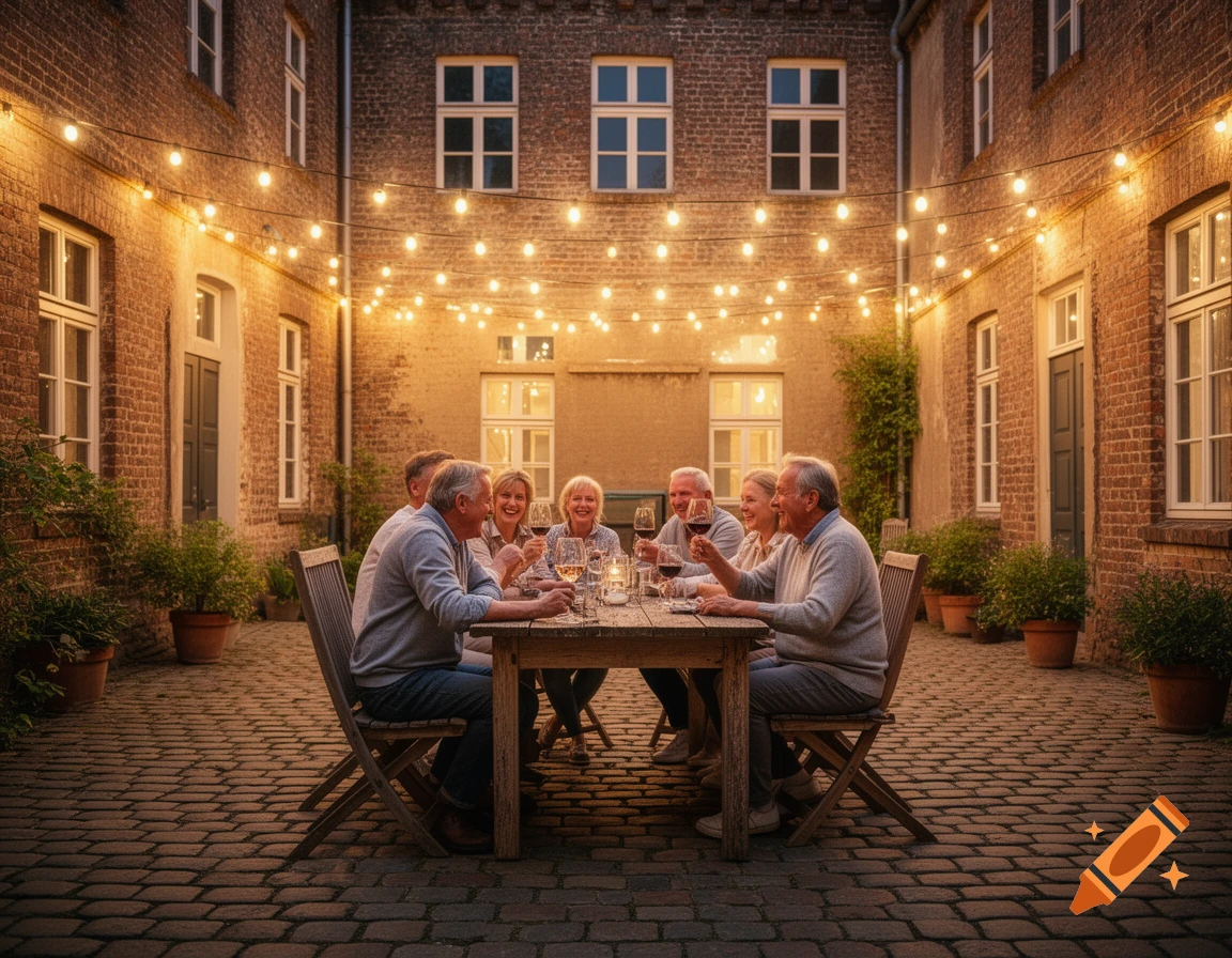 A group of adults laugh and drink wine at a rustic wooden table in a brick courtyard under string lights at dusk, photorealistic.