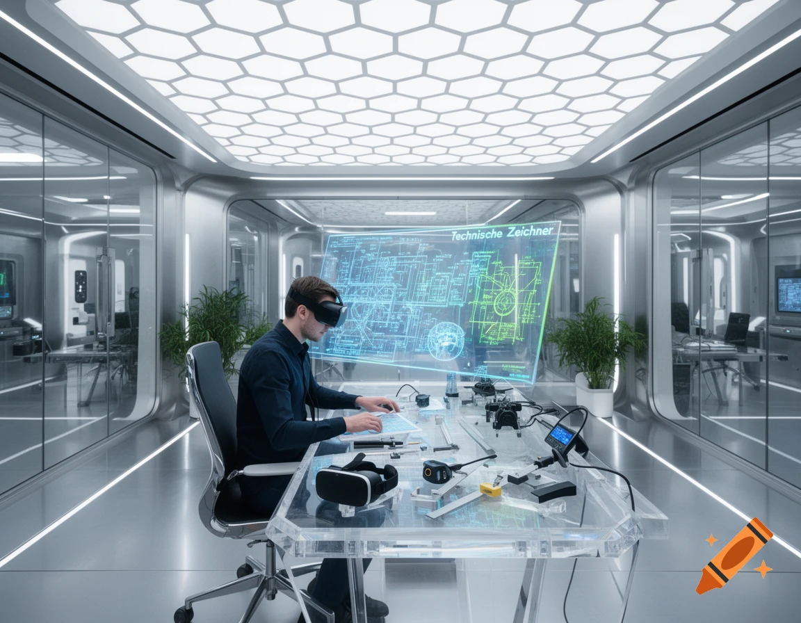 A man in a VR headset works with a holographic technical drawing interface in a futuristic, minimalist room.