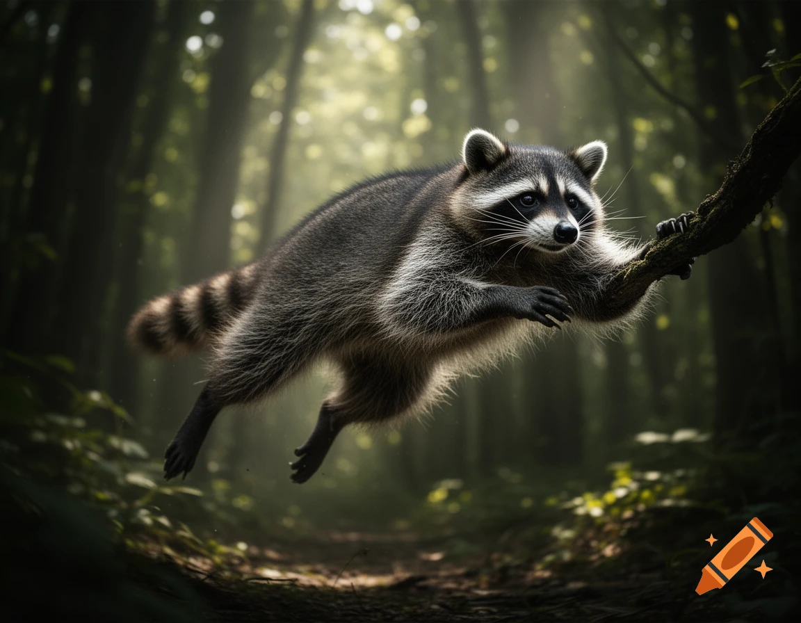 A hyperrealistic photograph of a raccoon leaping through a sun-dappled forest, grasping a mossy branch.