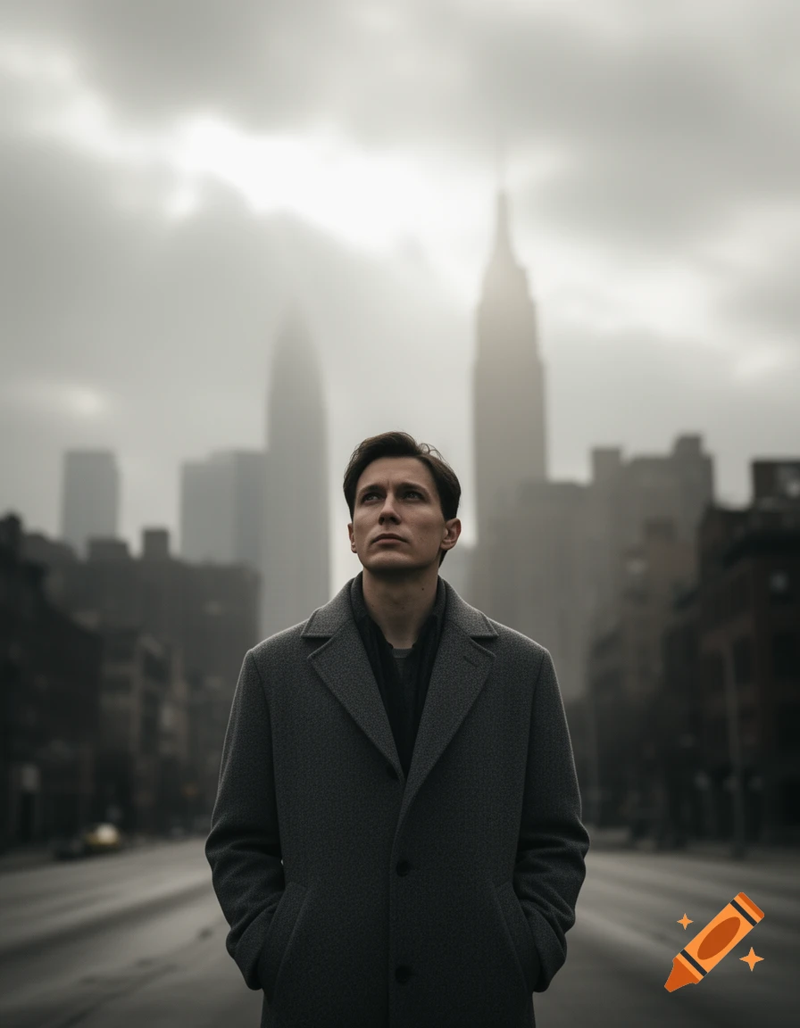 A man in a dark coat stands in a foggy city street, looking up at blurred skyscrapers. Photorealistic.